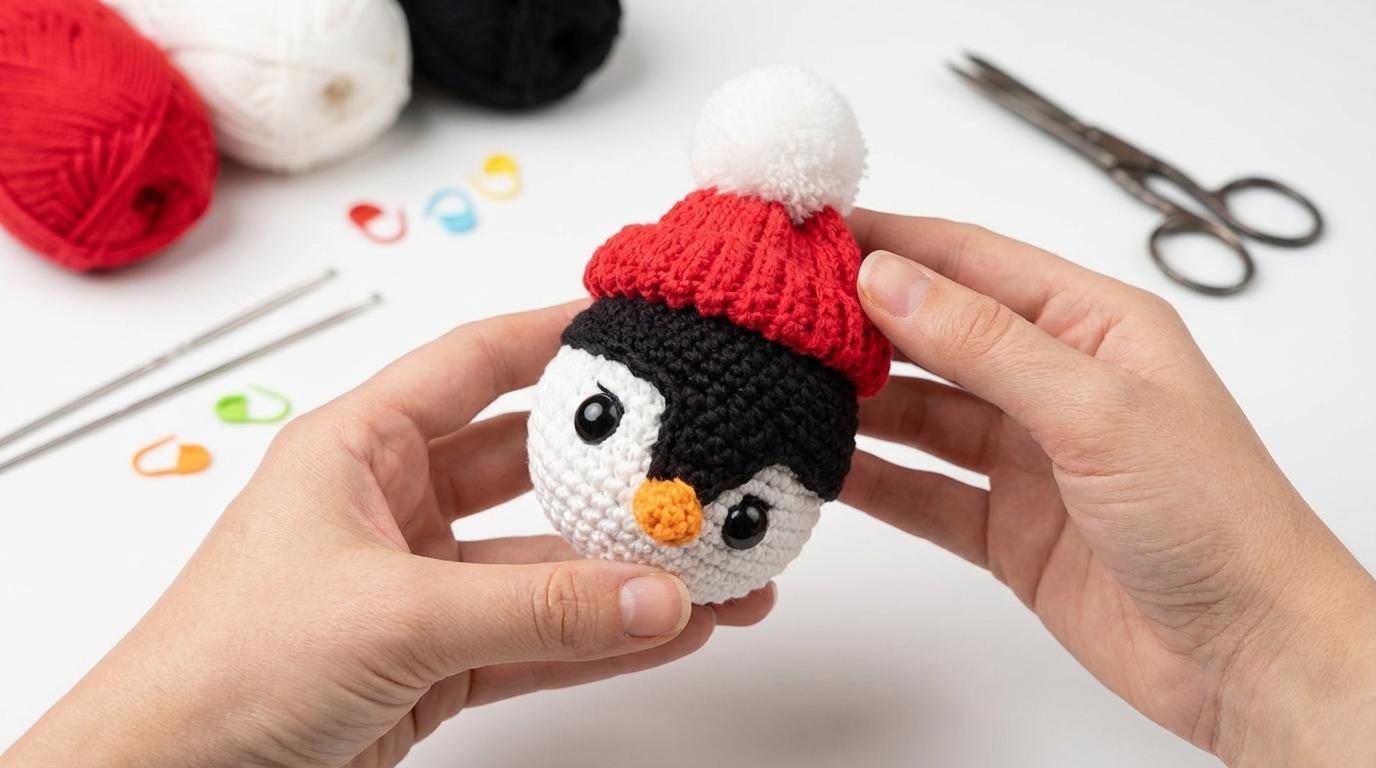 Ornamentação pinguim amigurumi branca, preta e vermelha com gorro natalino para decoração de árvore artesanal exclusiva.