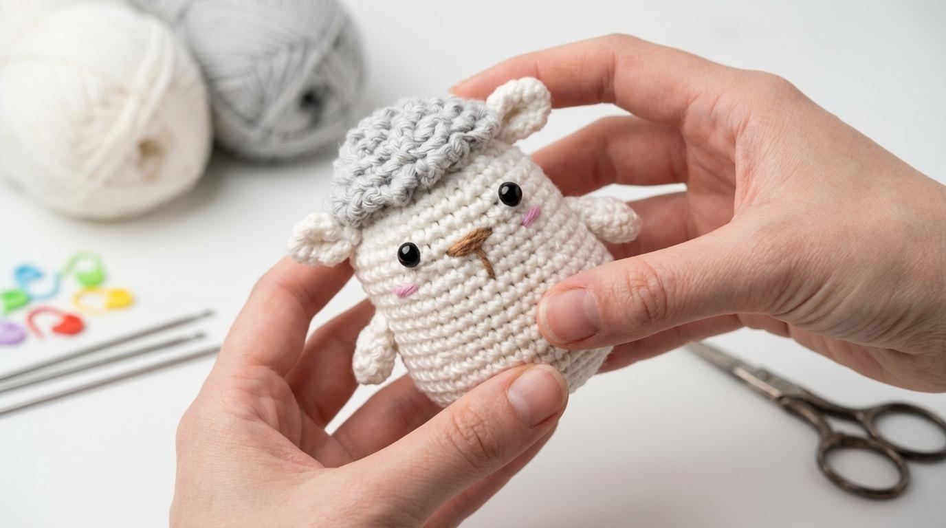 Ovelha ovo de páscoa amigurumi em tons pastéis e cinza, feita em crochê para decoração temática de páscoa artesanal.