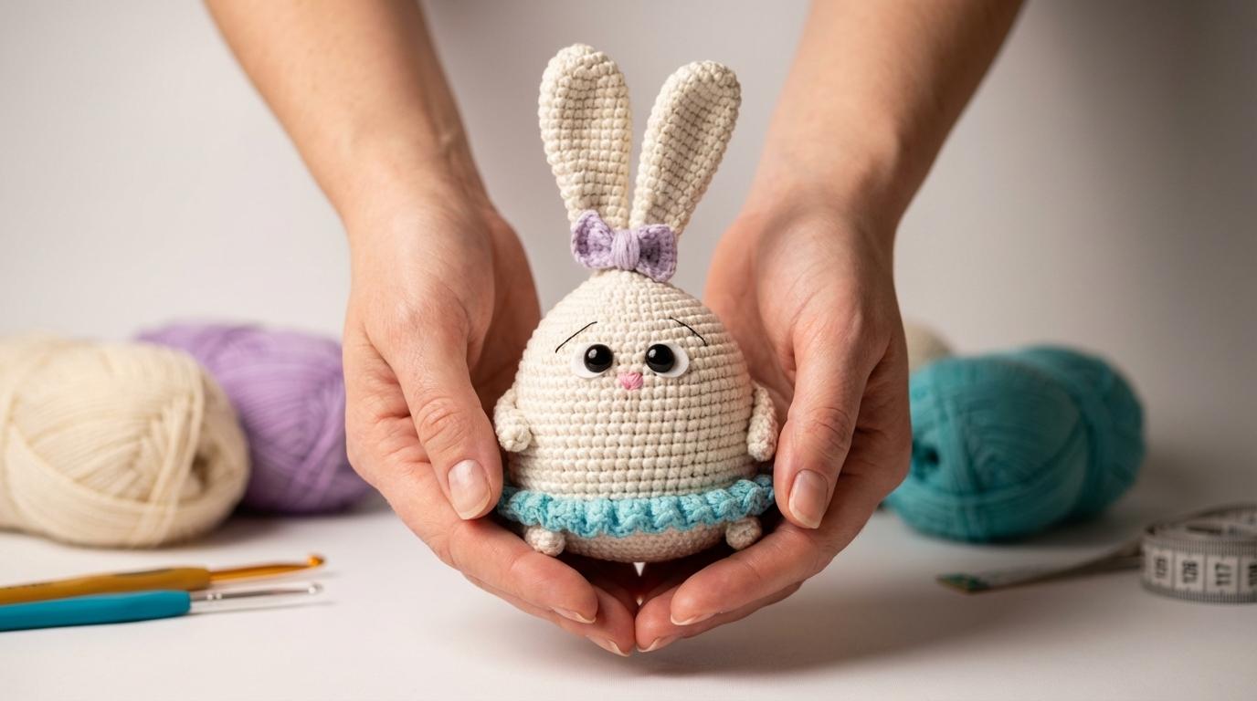 Coelho de Páscoa amigurumi feito com fio de algodão em tons pastéis para decoração de cestas de Páscoa artesanais
