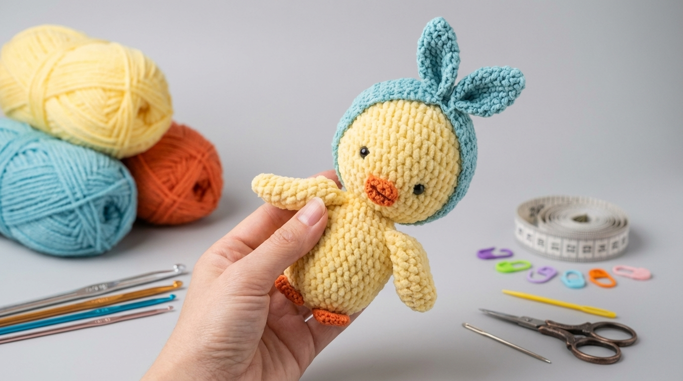 pato de pelúcia amigurumi receita gratis passo a passo com corpo amarelo macio e detalhes em laranja ideais para decoração infantil