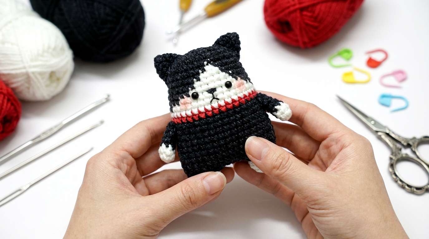 Pequena gata amigurumi em crochê nas cores preta e branca para decoração de ambientes ou como presente artesanal único.