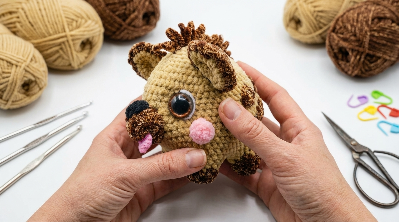 Pequena hiena amigurumi feita com fio de veludo bege e marrom, com acabamento detalhado, ideal para decoração lúdica.