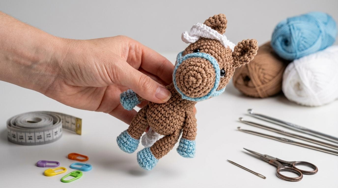 Pequeno cavalo amigurumi em fio de algodão marrom e verde, feito manual para decoração ou presente artesanal.