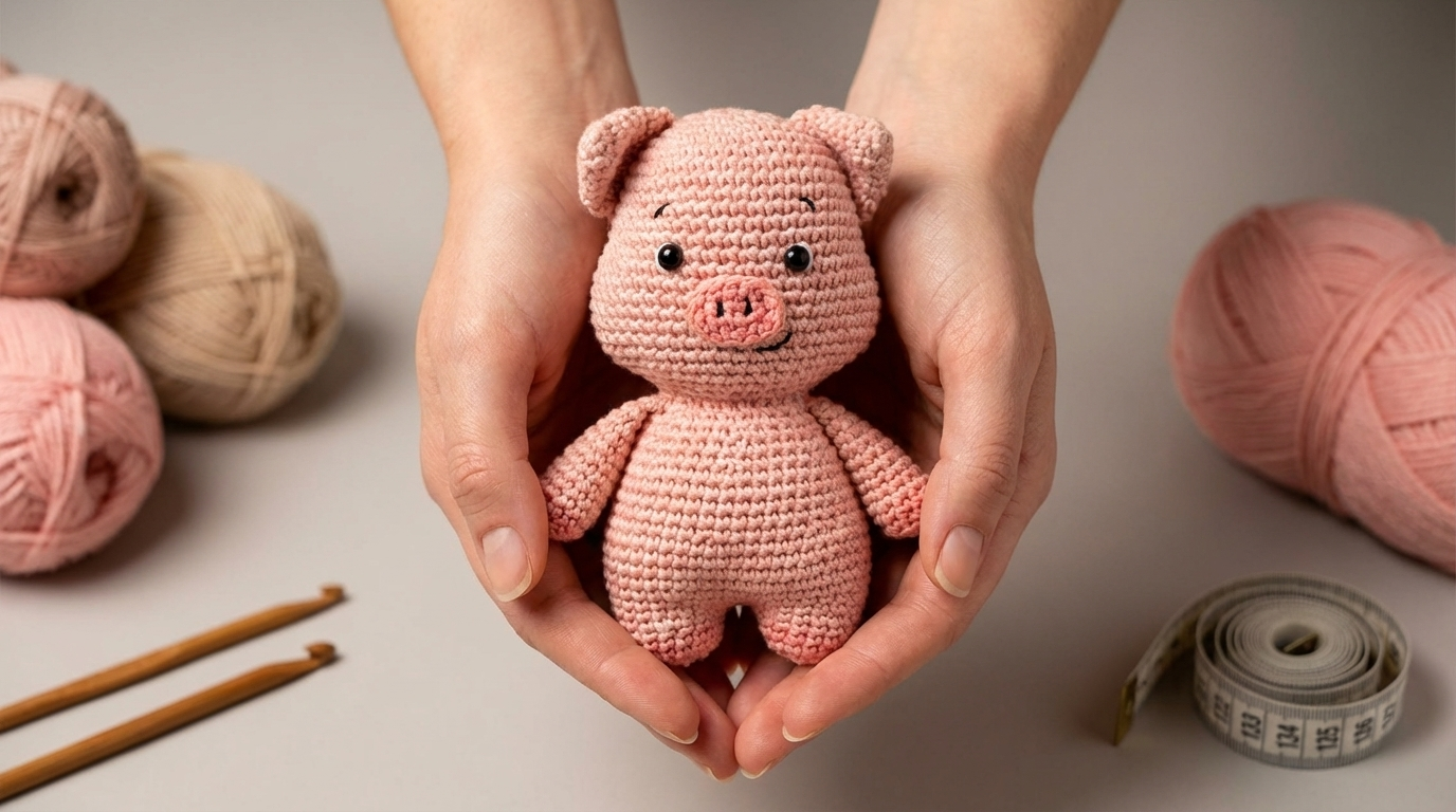 Pequeno porco amigurumi em tom rosa clássico e detalhes em rosa escuro para uso em decoração artesanal infantil.