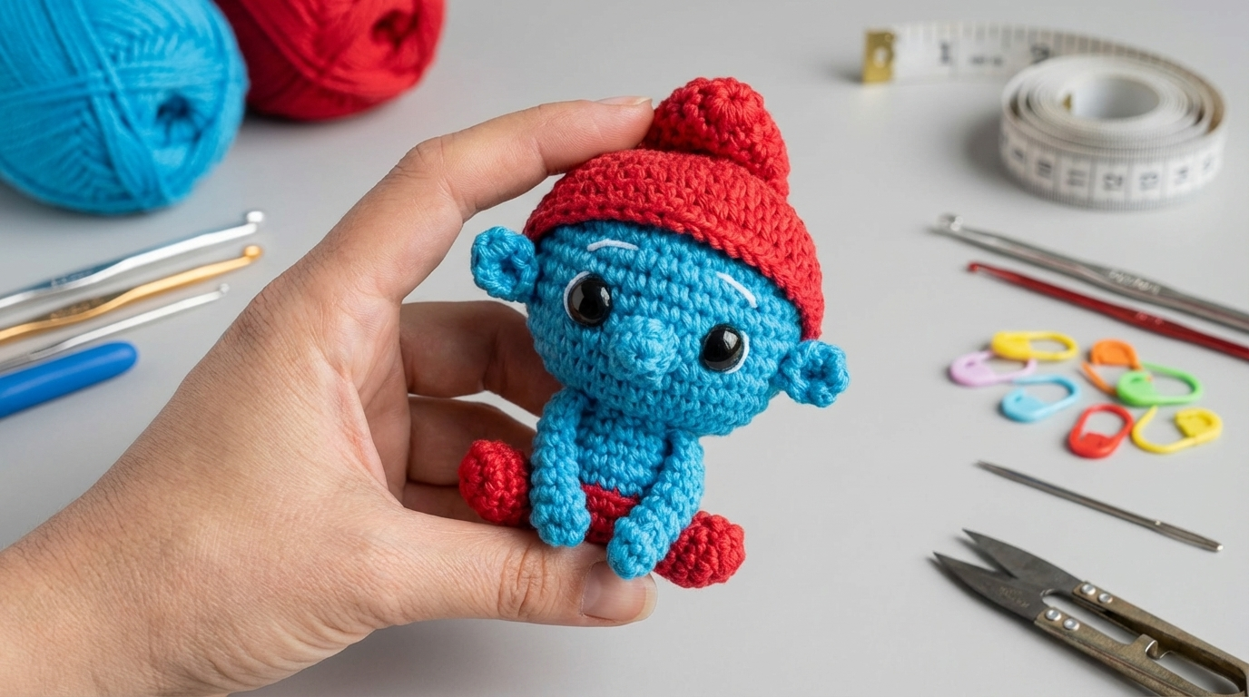 Pequeno ser azul amigurumi receita gratis passo a passo, boneco de crochê azul turquesa com chapéu vermelho e detalhes em branco para decoração lúdica.
