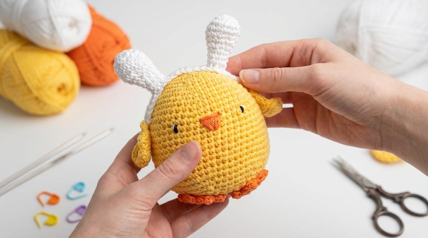 Pintainho de Pascoa Amigurumi amarelo e colorido feito em crochê manual para decoração de mesa de festa artesanal.