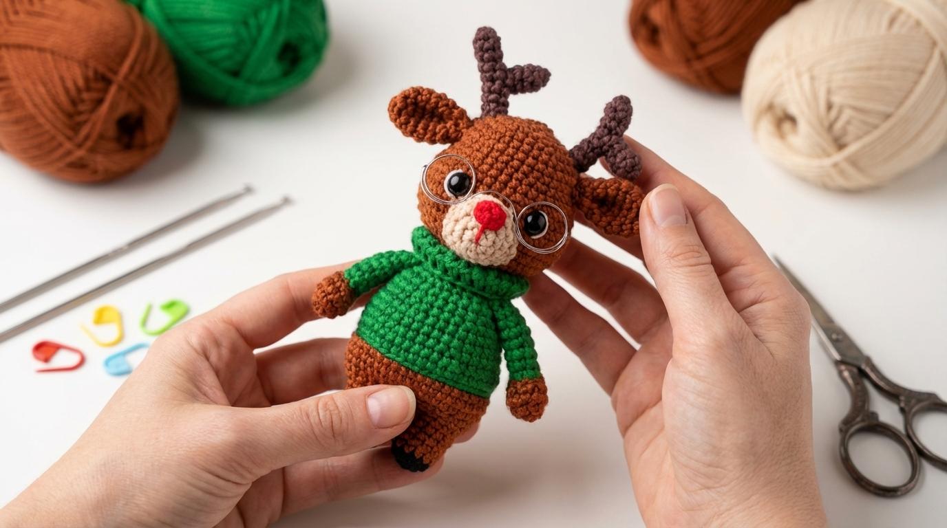 Rena amigurumi Nora em fios tâmara e vermelho, peça decorativa feita em crochê para decoração de Natal personalizada.