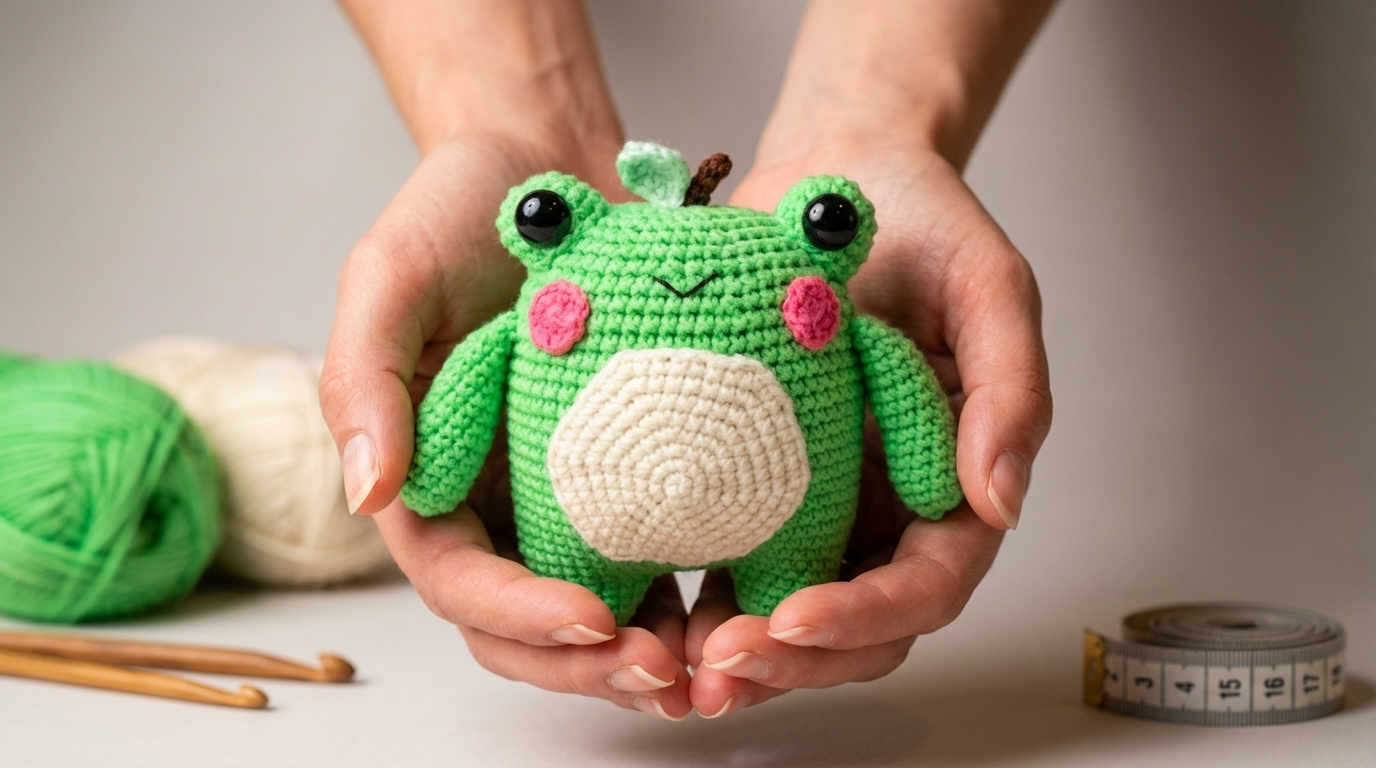 Sapo Maçã amigurumi feito em fio de algodão verde e detalhes em feltro, ideal para decoração criativa artesanal.
