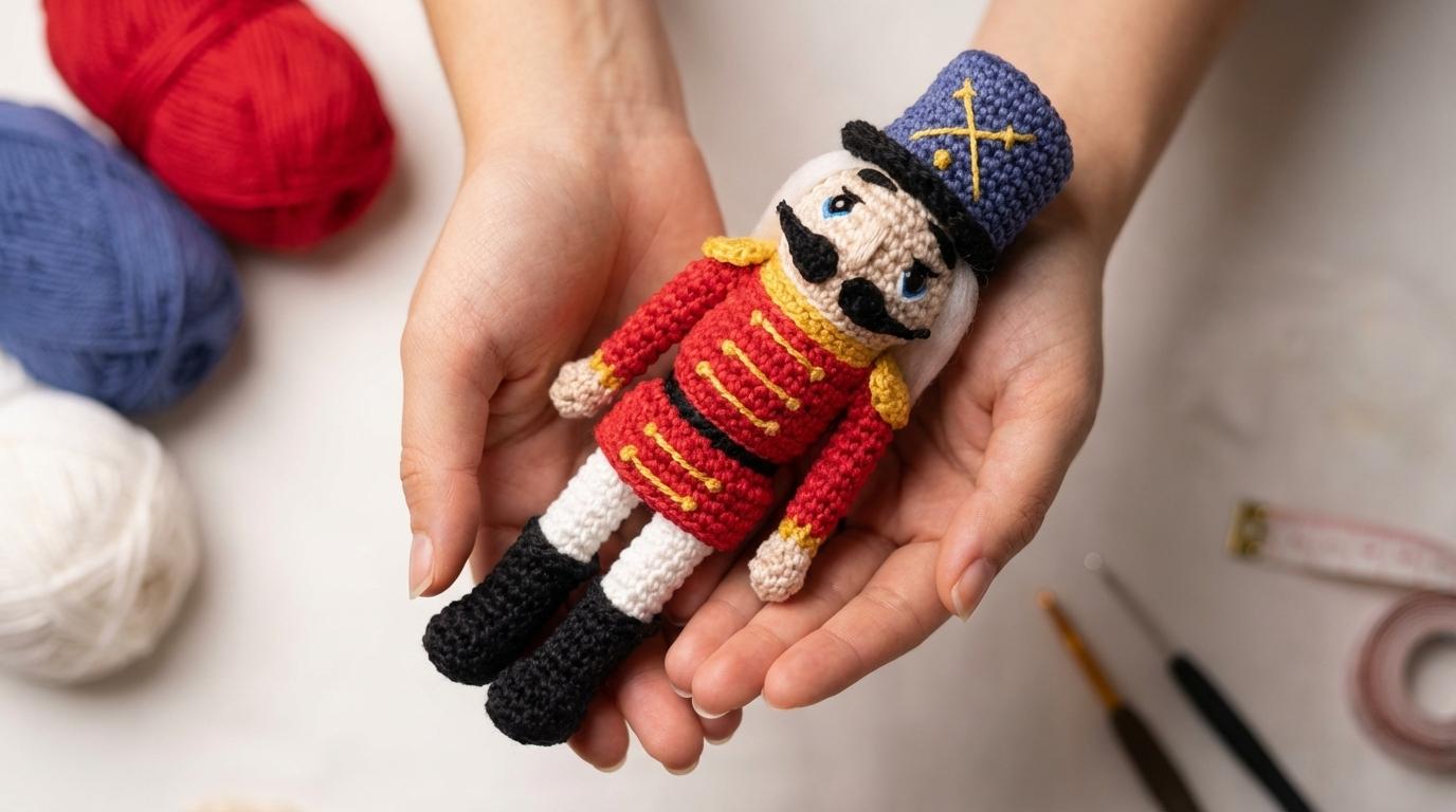 Soldadinho de Chumbo amigurumi em tons de azul e vermelho feito em crochê para decoração natalina artesanal detalhada.