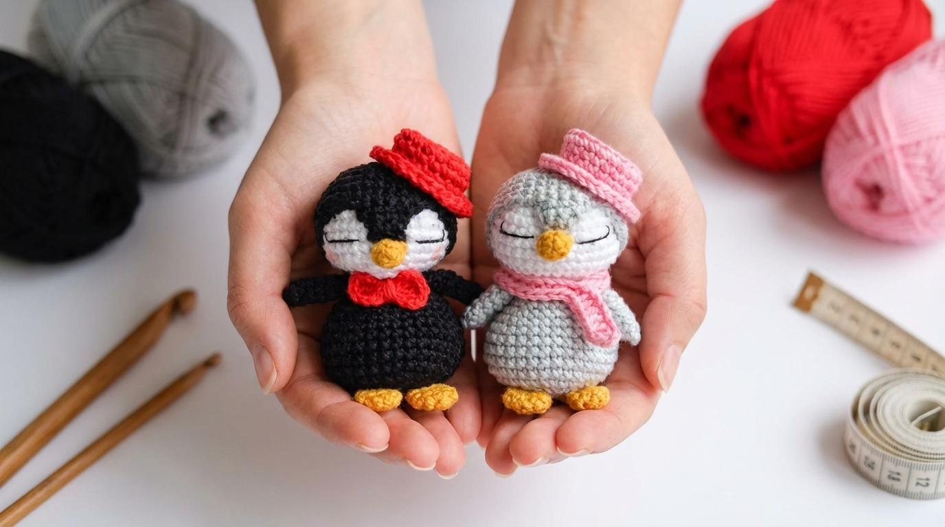 Sr e Sra Pinguim Amigurumi em tons de cinza, branco e rosa feitos em crochê para decoração artesanal de ambientes internos.