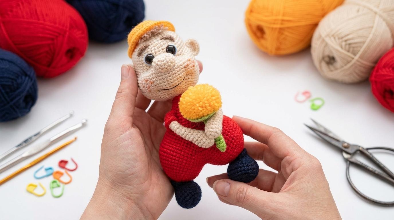 Sr. Valentim boneca amigurumi em tons suaves de crochê para decoração de quarto artesanal ou presente feito à mão.