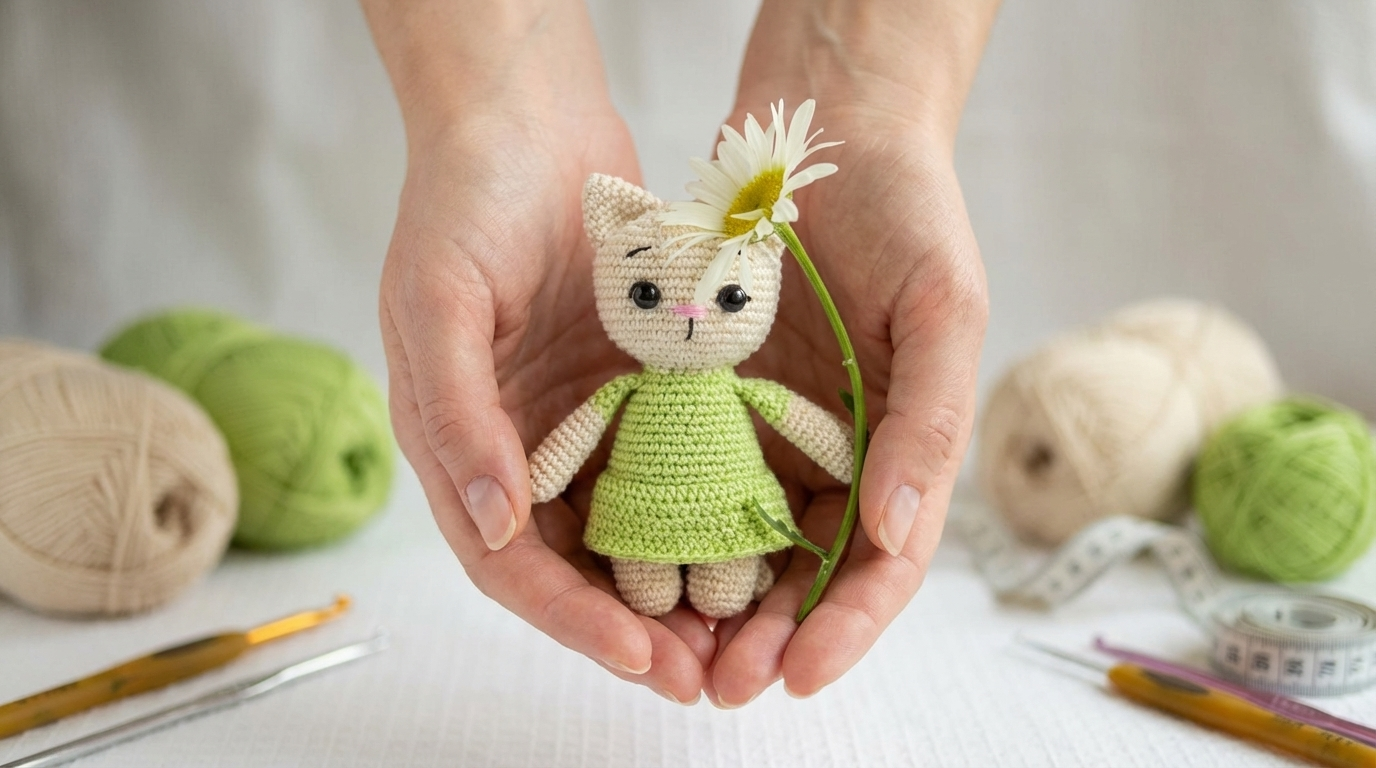 Sra. Gato amigurumi Bege e Amarelo feita em crochê para decoração artesanal de quarto infantil ou presente de criança.