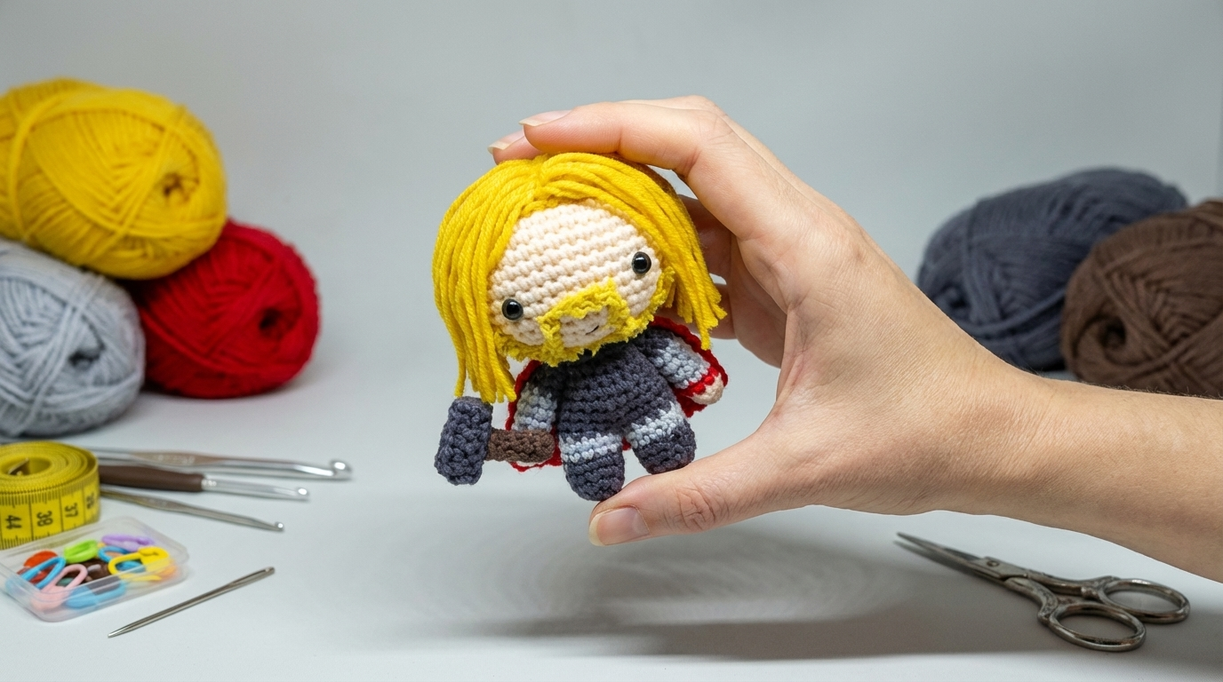 Thor Amigurumi com manto vermelho e martelo de crochê, feito com fios cinzas, para decoração de quartos infantis ou colecionadores.