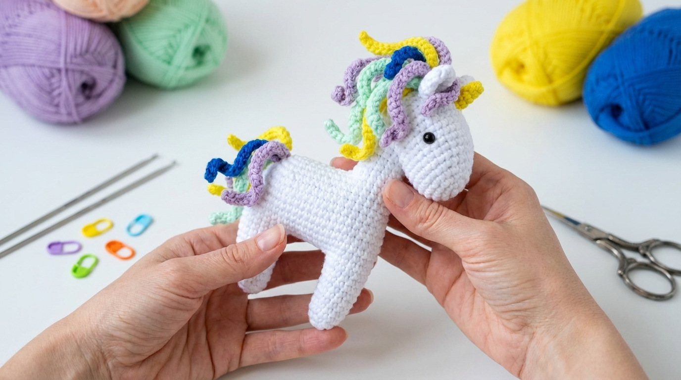Unicórnio de crochê amigurumi em tons pastéis com chifre brilhante, perfeito para decoração artesanal de quartos baby.