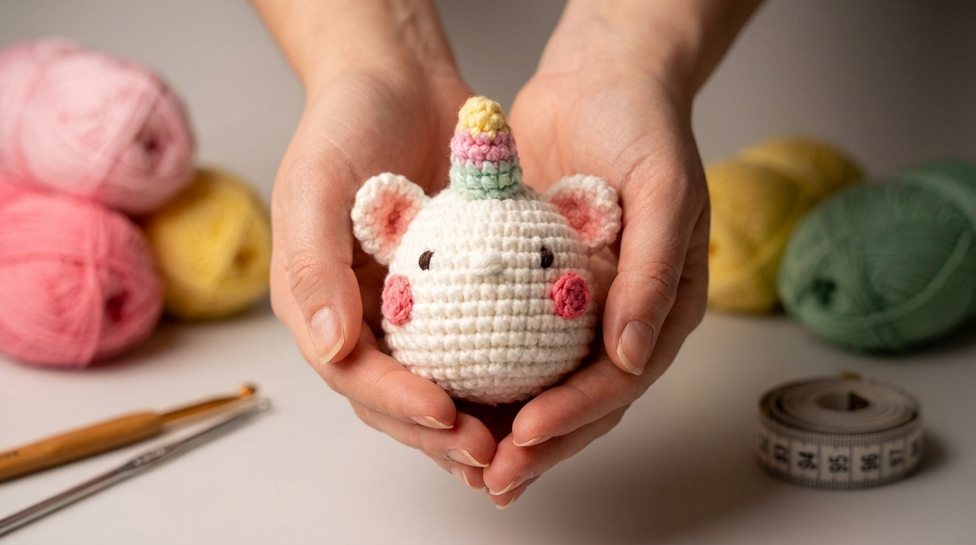 Unicórnio Chaveiro Amigurumi em tons pastéis de algodão usados como acessório decorativo em uma bolsa artesanal feminina.