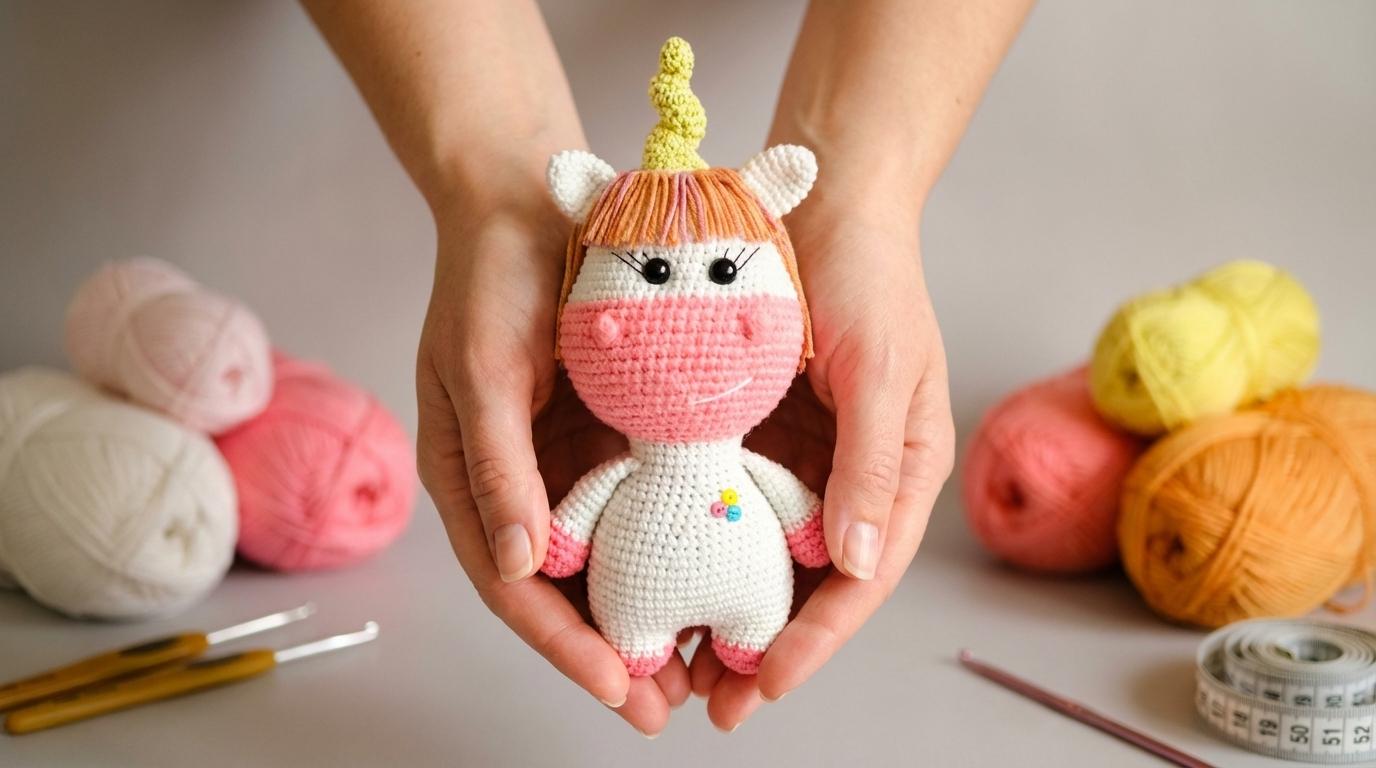 Unicórnio Leela Amigurumi de crochê branco e rosa detalhado para decoração infantil artesanal de fácil confecção.