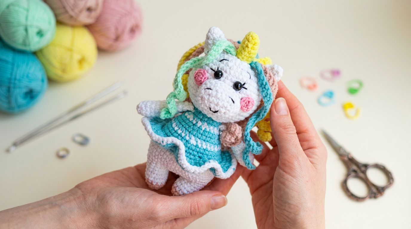 Unicórnio Mágica amigurumi em tons pastéis de fios de algodão, posicionado em cenário lúdico para decoração infantil.