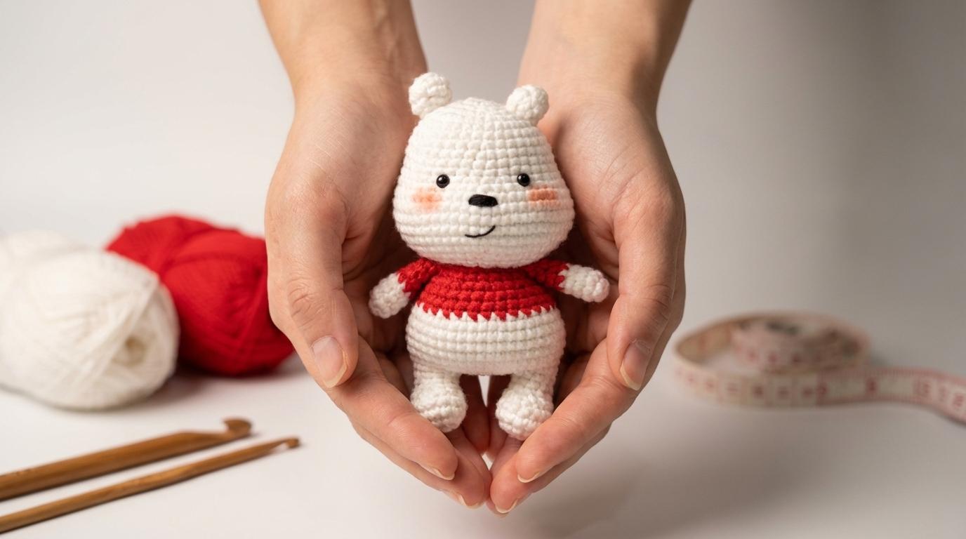 Urso amigurumi marrom feito com fio de algodão artesanal, ideal para decoração ou presente carinhoso feito a mão.