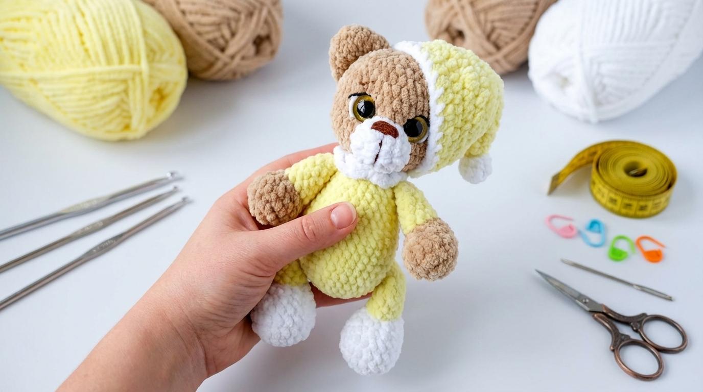 Urso em pijama amigurumi de pelúcia azul e branco, fotografado em ambiente lúdico de quarto infantil para decoração.