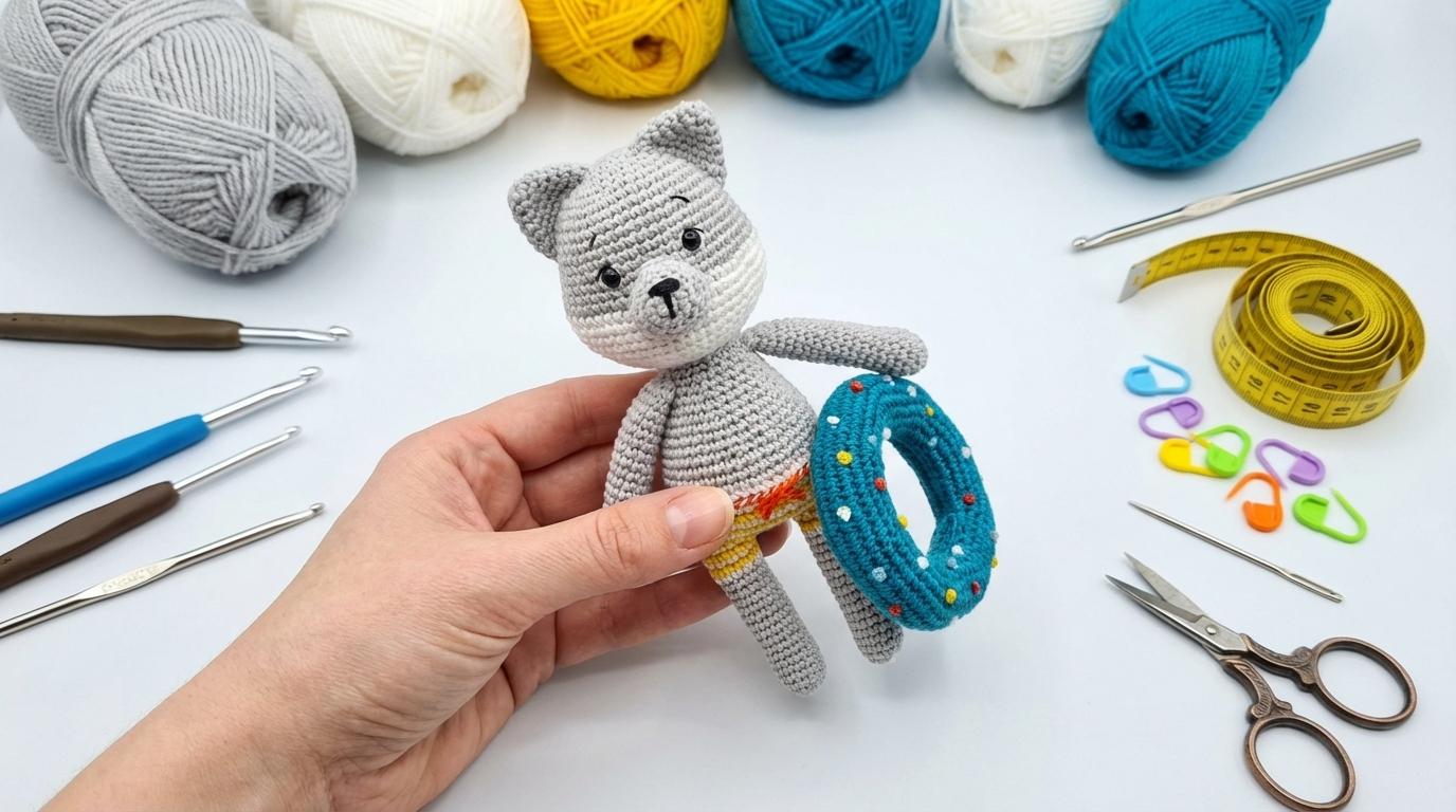Urso Nadador Amigurumi colorido feito em fios macios para decoração infantil e presentear em momentos de verão.