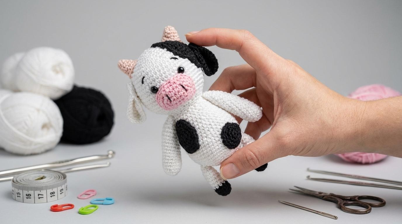 Amigurumi Vaca Margarida em crochê branco e preto, com detalhes em rosa, ideal para decoração de quartinhos de bebê.