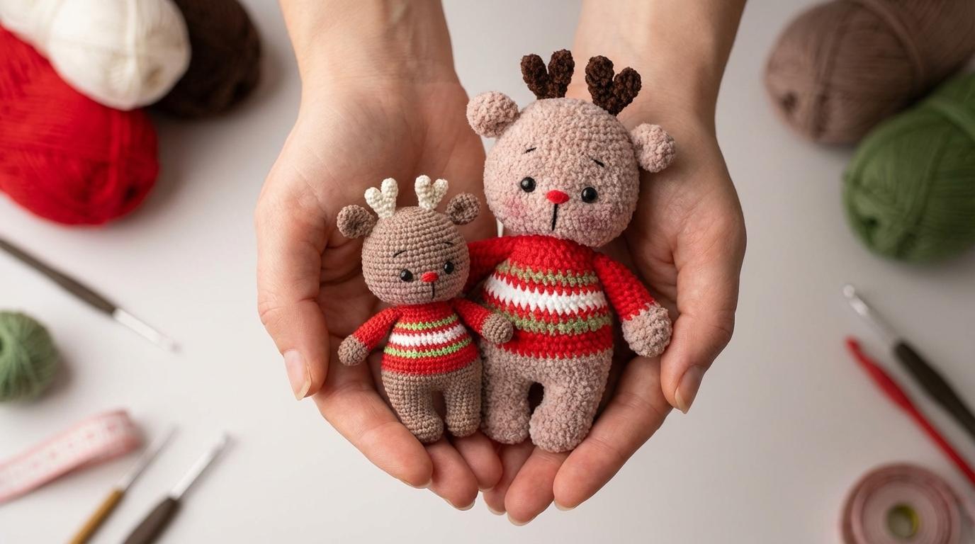Rena de Natal Amigurumi marrom e bege com detalhes em vermelho, peça exclusiva em crochê para decoração natalina artesanal.