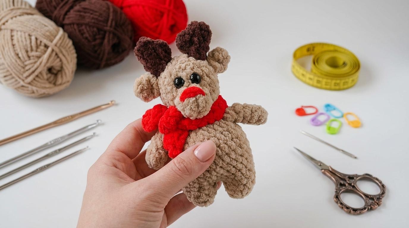 Rena de Pelúcia de Natal Amigurumi marrom aveludada, feita em crochê para decoração natalina artesanal e festiva.