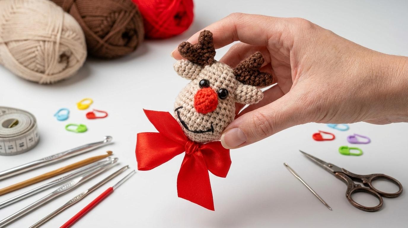 Rudolph Rena Ornamentação Amigurumi bege e marrom com detalhes em vermelho, ideal para enfeites de Natal artesanais.