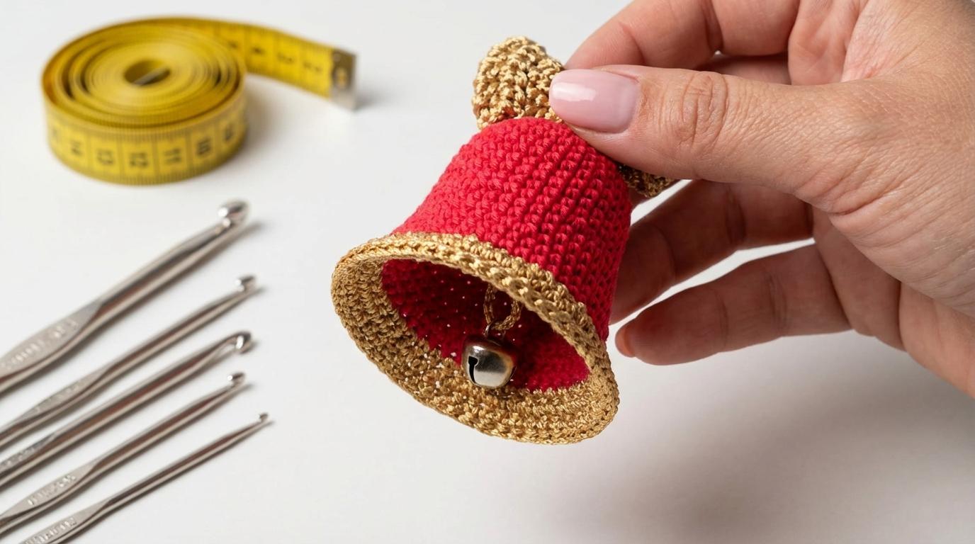 Sino de Natal Amigurumi em crochê branco e vermelho com detalhes dourados, pendurado em um galho de árvore de Natal com pequenos enfeites.