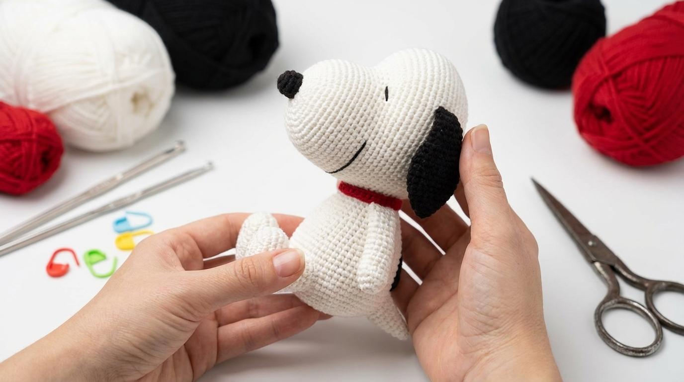 Snoopy Cachorro Amigurumi branco e preto feito em linha de algodão para decoração temática de quarto ou presente.