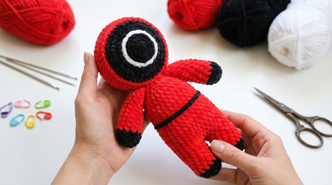 Squid Game Guarda amigurumi vermelho de pelúcia feito em crochê, posicionado para decoração moderna de mesa ou estante.