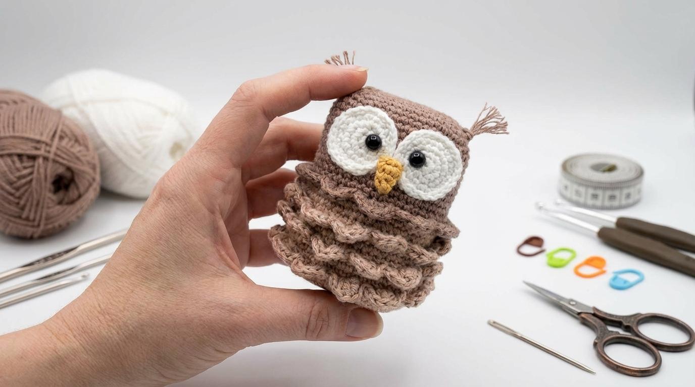 Stan Coruja amigurumi feito em crochê marrom e bege com detalhes amarelos, pronto para decoração de ambientes.