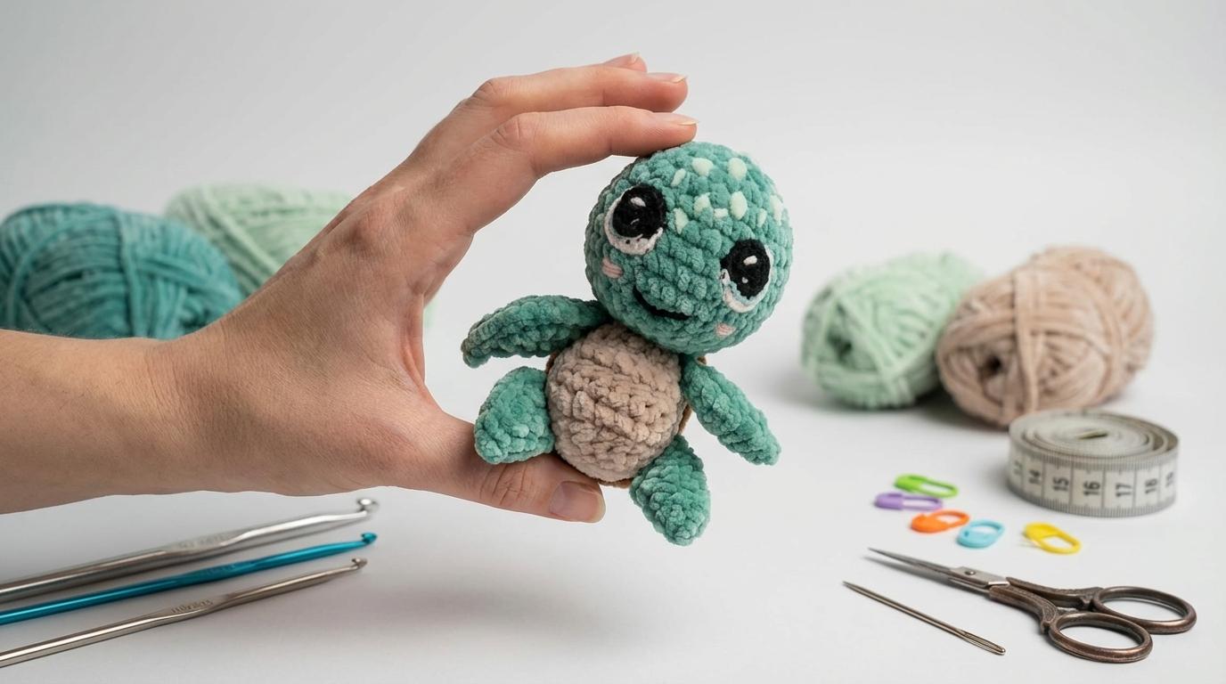 Tartaruga amigurumi fácil em tons de verde e marrom, produzida em fio de pelúcia macio, perfeita para decoração infantil.