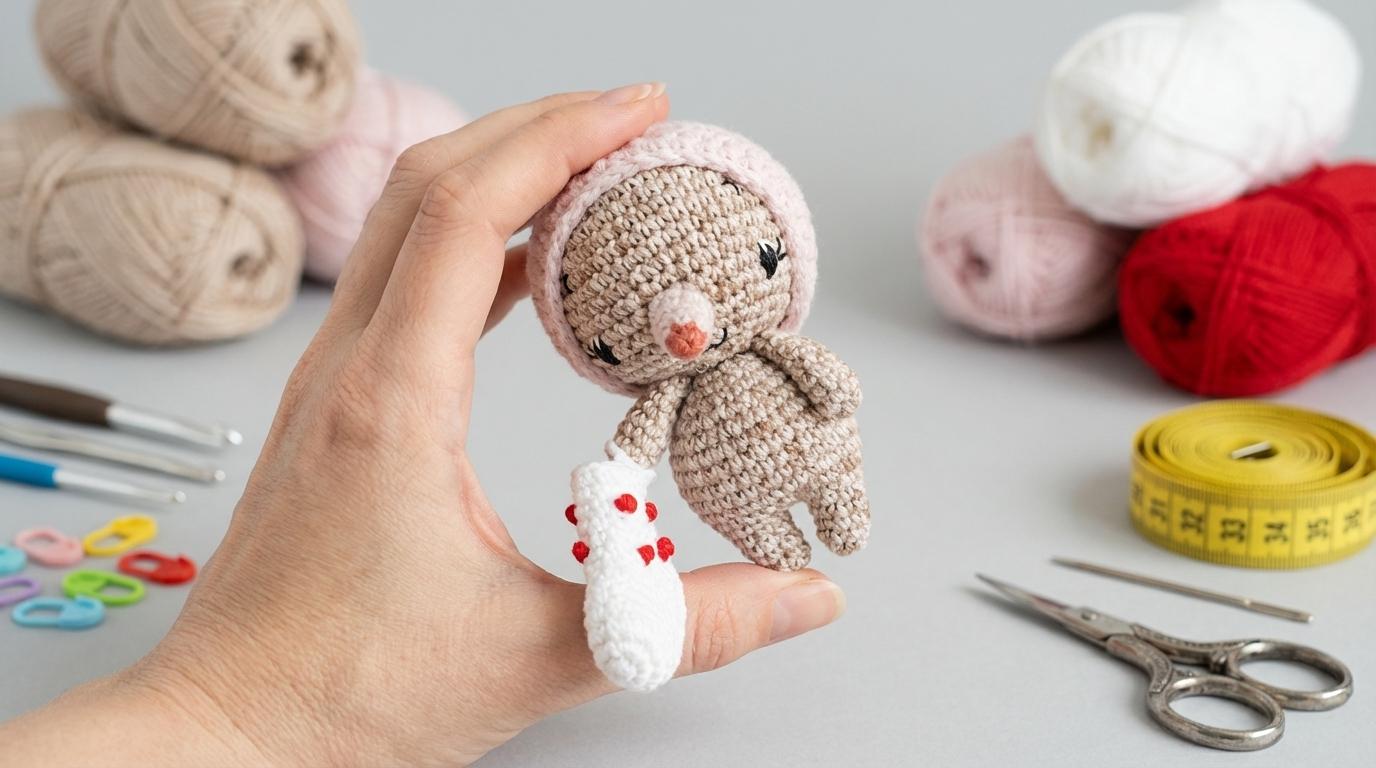 Toupeira de Natal Amigurumi em bege e detalhes vermelhos feita em crochê artesanal para decoração de festa natalina.