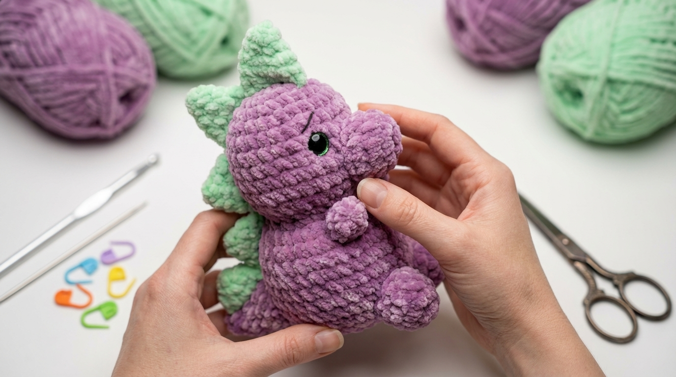 Trex dinossauro amigurumi verde feito em crochê com acabamento delicado para decoração de quarto infantil artesanal.
