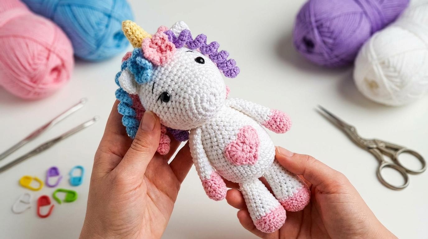 Unicórnio amigurumi nas cores branco, lilás e rosa, feito em crochê artesanal para decoração infantil ou presente.