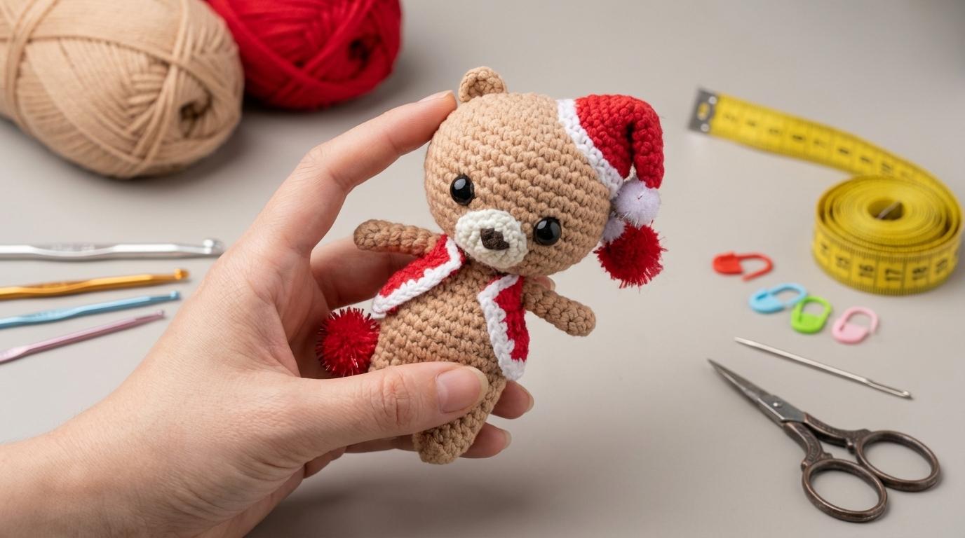Ursinho Jake Natal Amigurumi bege com colete vermelho feito a mão, ideal para decoração festiva de Natal e presentes.