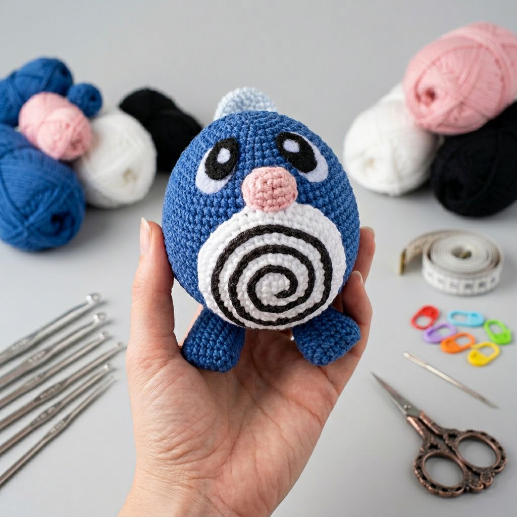urso de crochê amigurumi azul com laço vermelho, ideal para presente