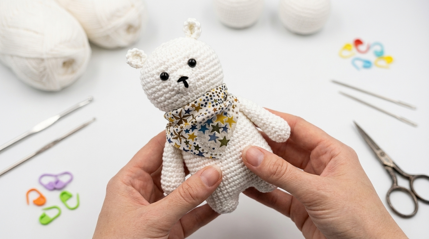 urso polar amigurumi receita grátis passo a passo boneco de crochê branco com textura de algodão e detalhes de focinho preto para decoração infantil