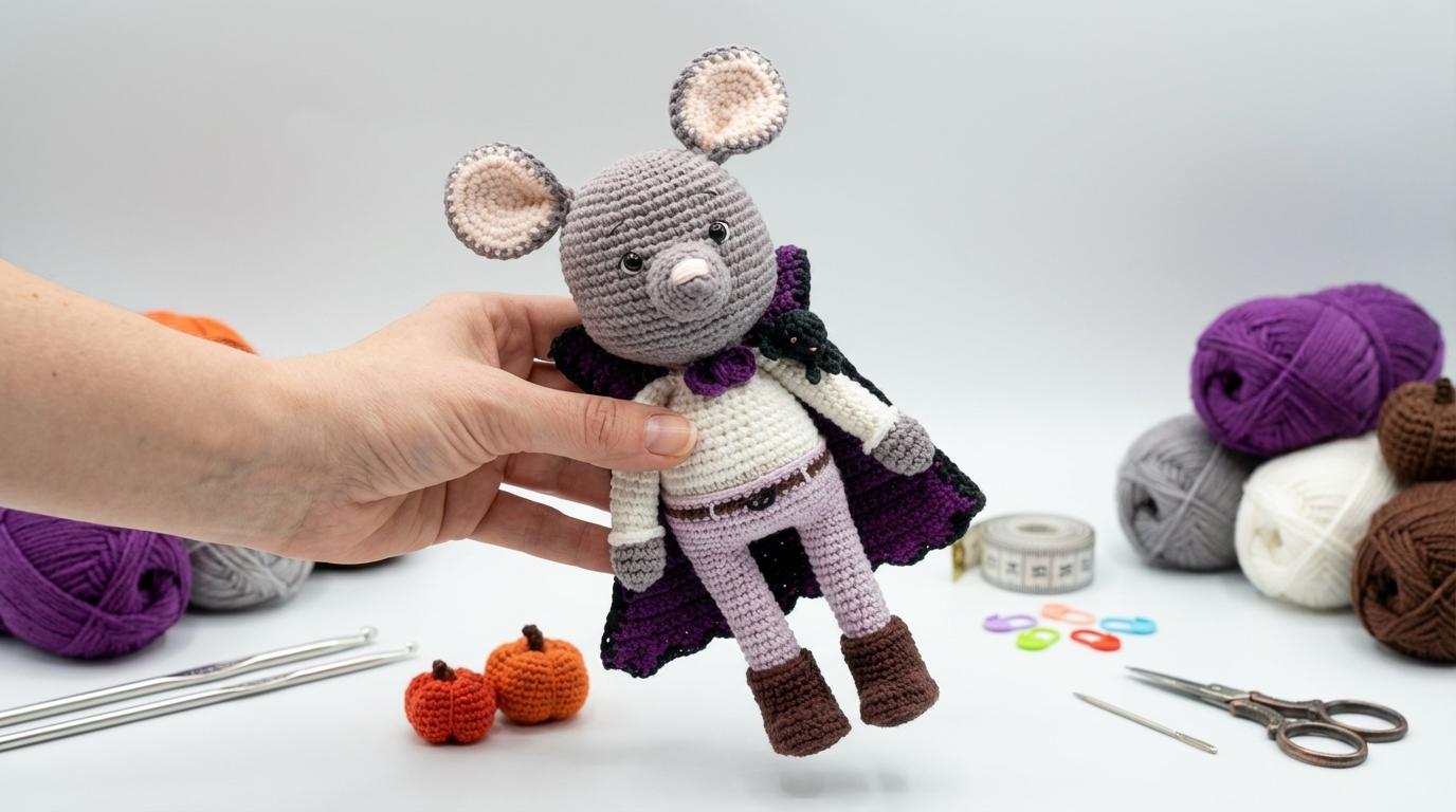 Vampiro Rato Amigurumi nas cores cinza e lilás com manto preto de crochê para decoração temática de Halloween artesanal.