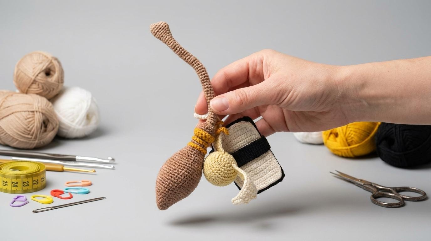 Vassoura Harry Potter Amigurumi em fios marrons e dourados, detalhe da textura do cabo para uso decorativo mágico artesanal.