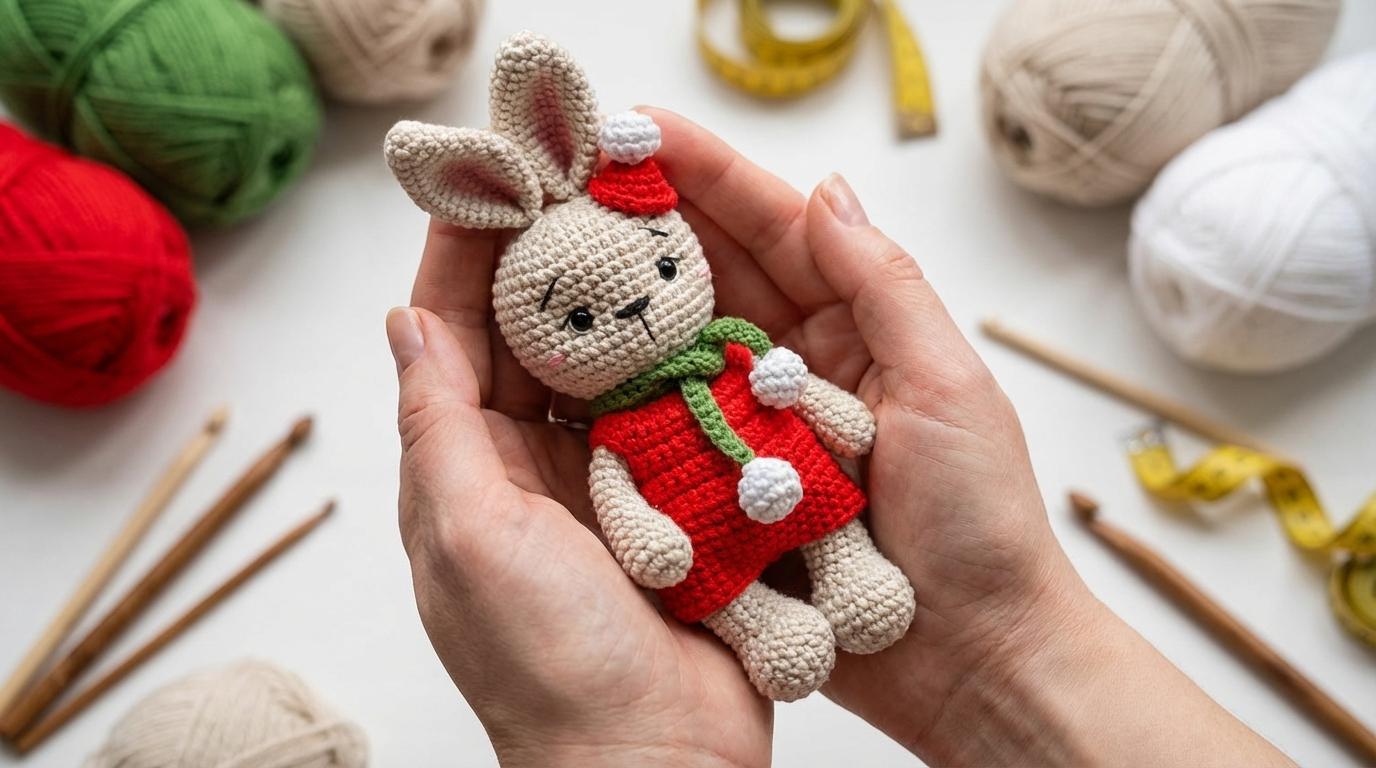 Vestido de Natal Coelho Amigurumi com detalhes em vermelho, feito em crochê, ideal para decoração natalina artesanal.