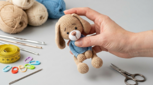 Zoya Cachorro Amigurumi bege e marrom com blusa colorida, feito em crochê, decorando quarto infantil artesanal.