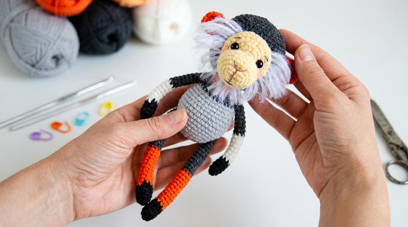 Amigurumi Mono Dauc Langur en tonos gris y negro, hecho en crochê con textura detallada para coleccionistas.