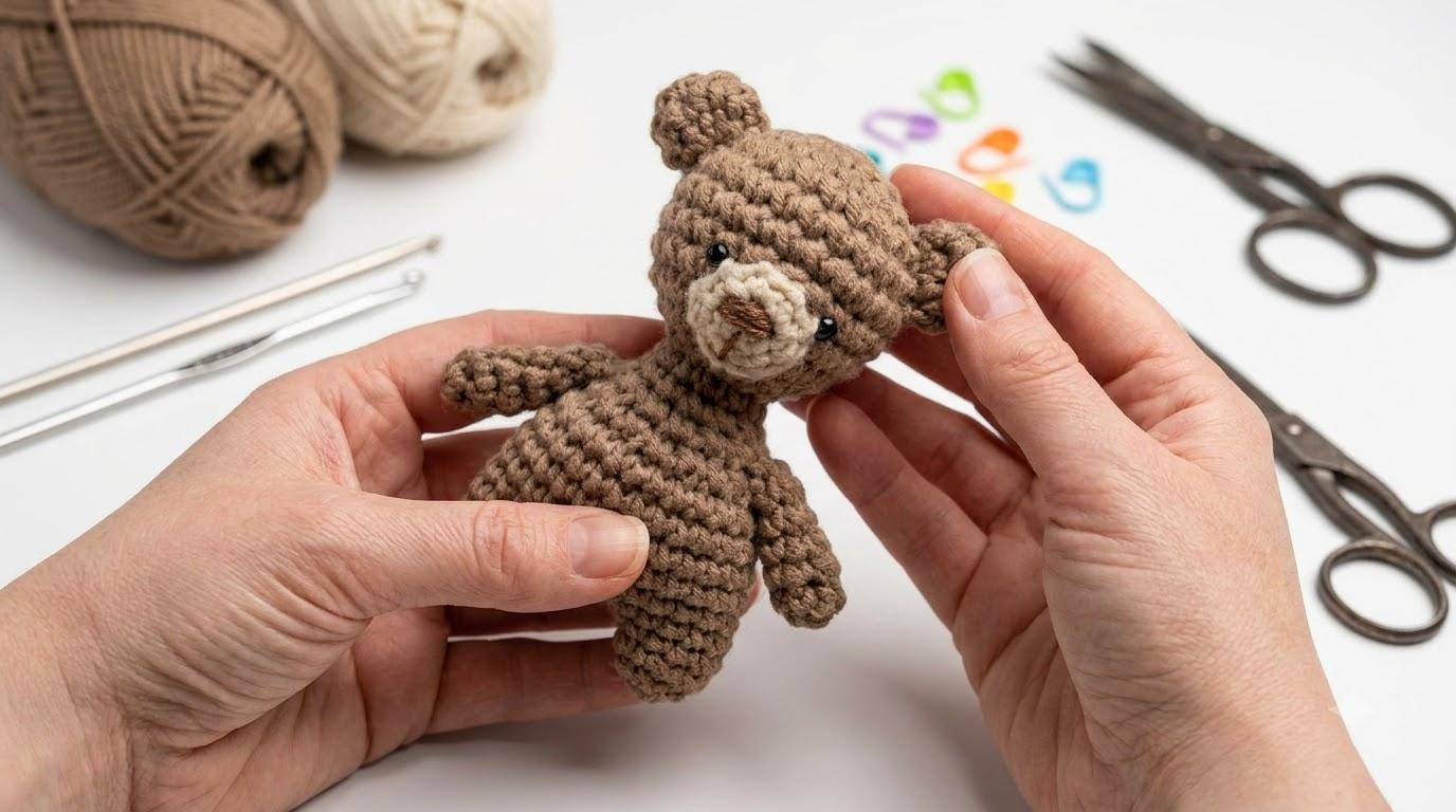 Dina oso amigurumi tejido a crochet en hilo de algodón fino, ideal como llavero y accesorio para bolsos.