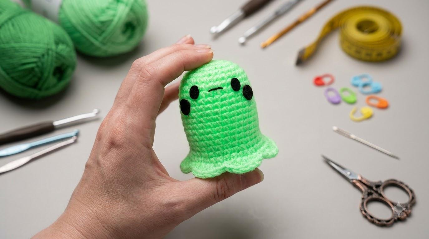 Fantasma resplandeciente amigurumi tejido en hilo blanco luminoso con mejillas rosas para llavero