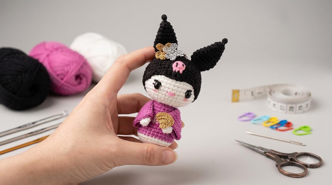 Llavero Kuromi amigurumi tejido en hilo negro y morado con gorrito para colgar en mochila o llaves.