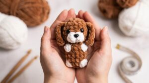 Llaveros amigurumi perro lindo tejidos en hilo marrón y blanco con ojos de seguridad para regalar o llevar en mochilas