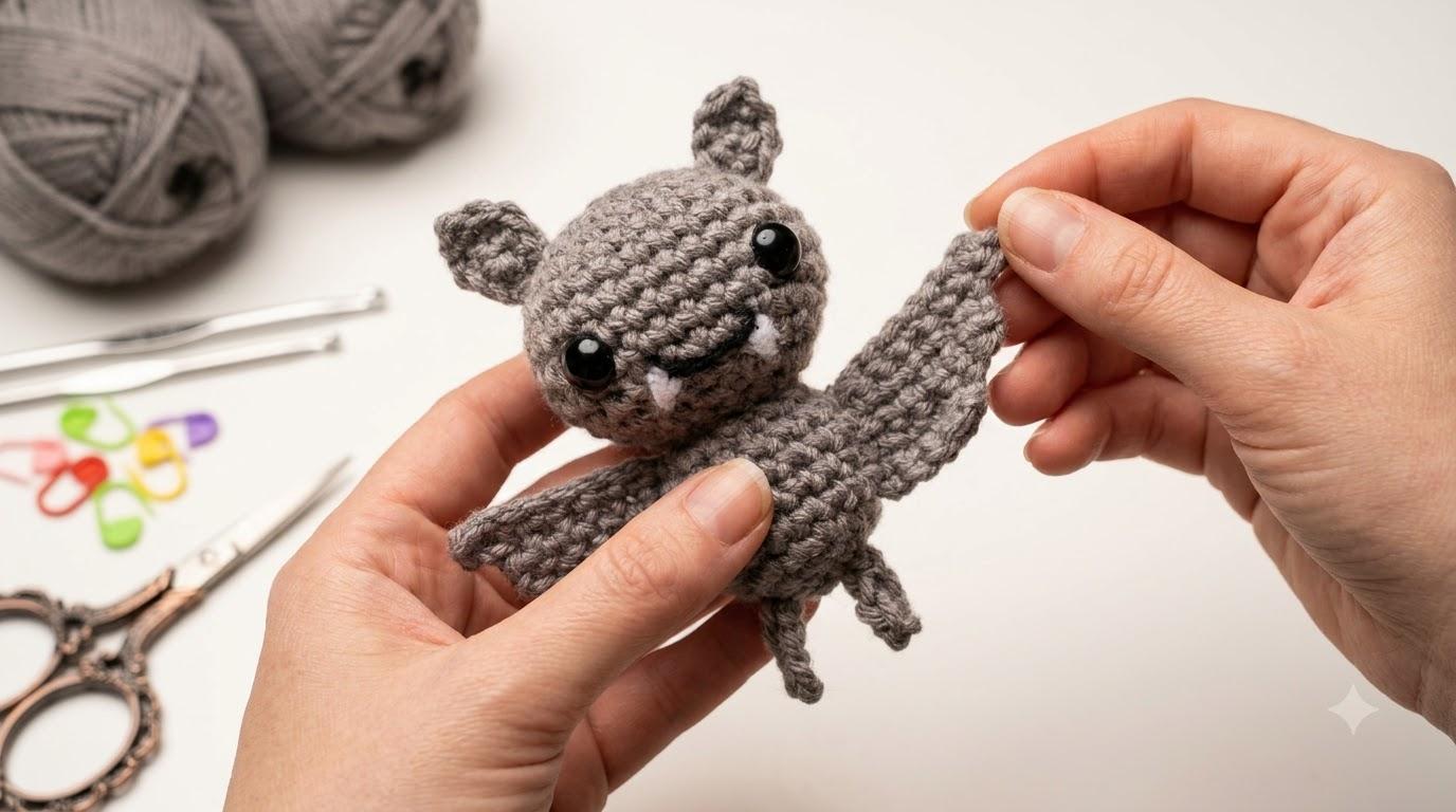 Murciélago llavero amigurumi tejido en hilo gris oscuro con ojos de seguridad, ideal para regalo artesanal.