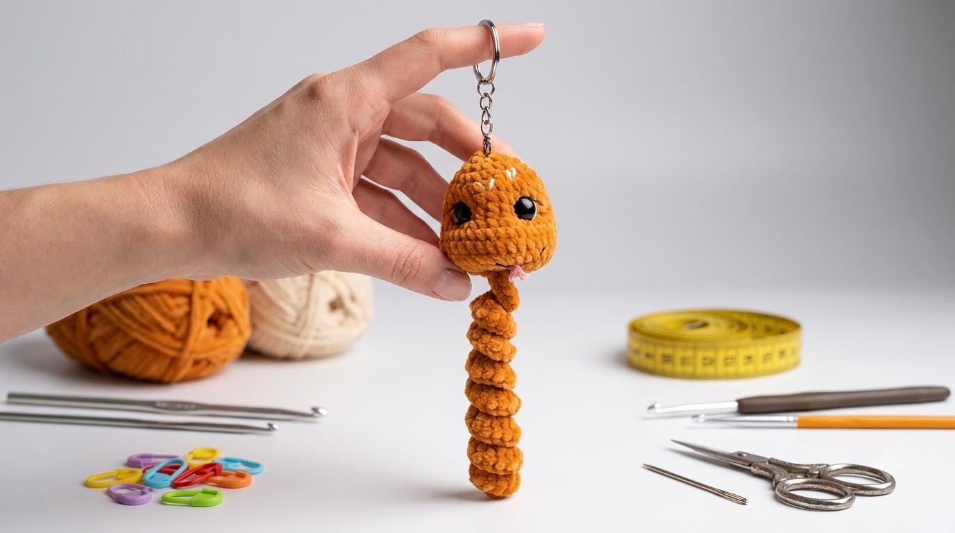 Serpiente amigurumi llavero tejida con hilo suave de felpa, ideal para llaves y bolsos